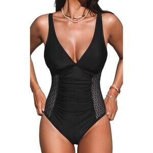 CUPSHE Ruched Lace Plunge V-Neck Black One Piece Swimsuit NWT SIZE XS
